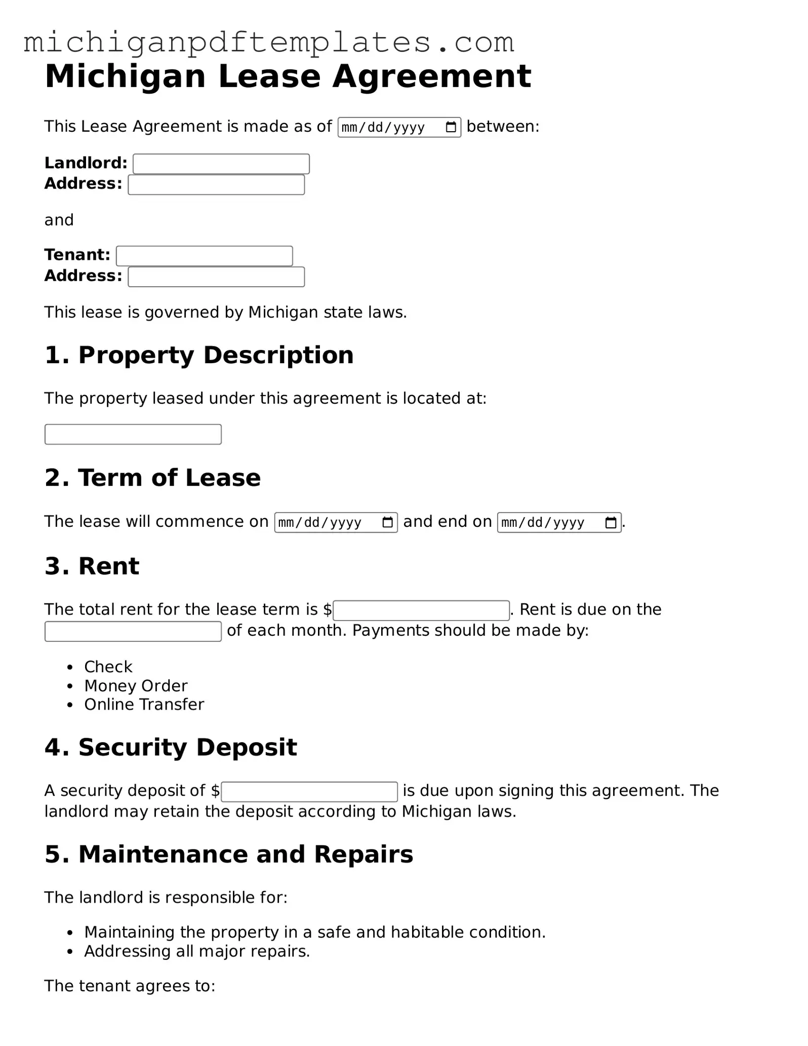 Legal Michigan Lease Agreement Template