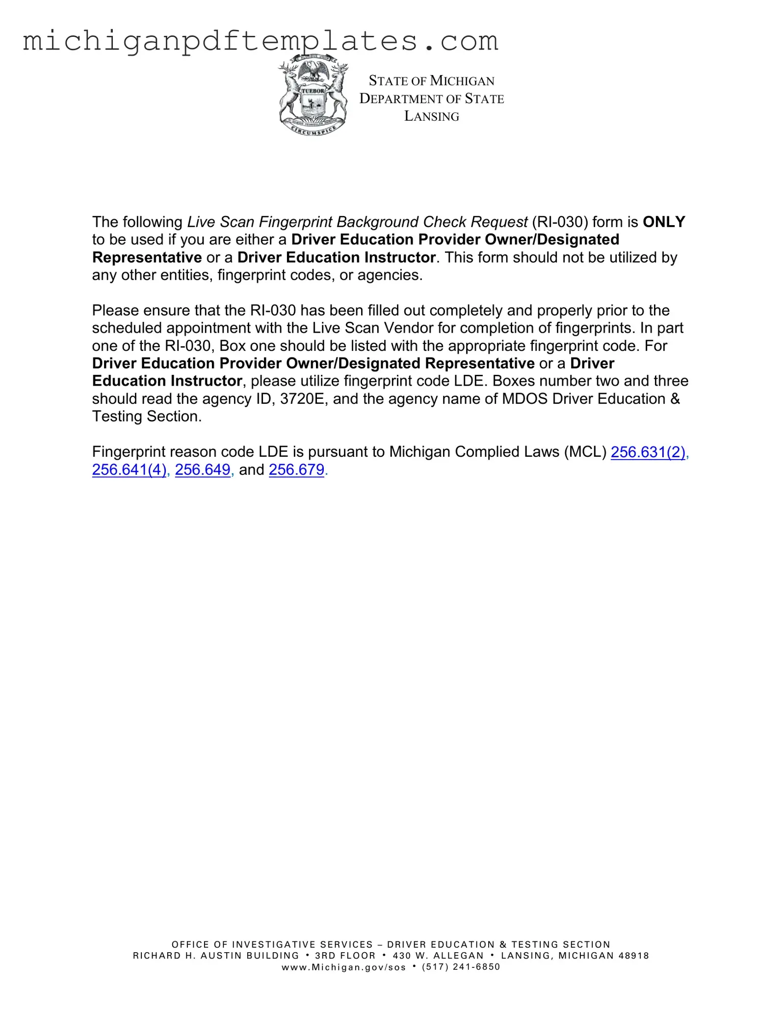 Fill in Your Michigan Ri 030 Form