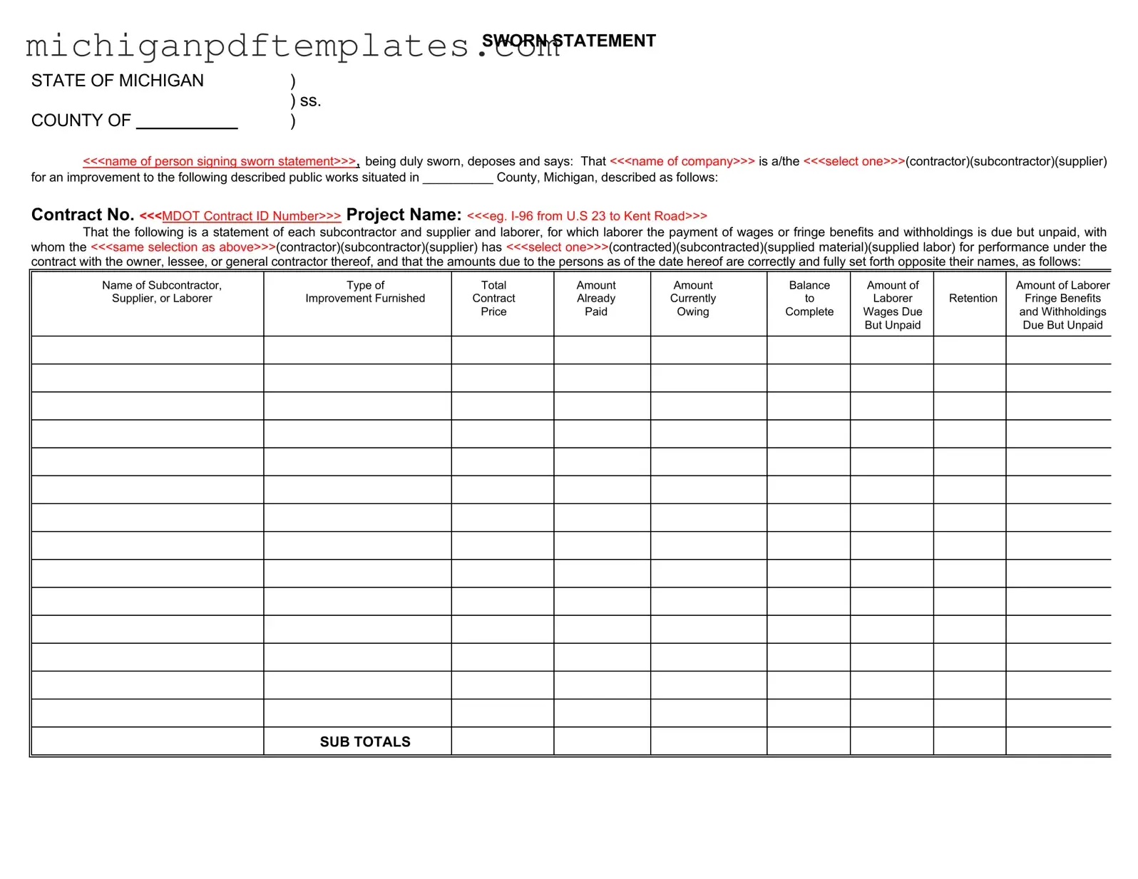 Fill in Your Michigan Sworn Statement Form