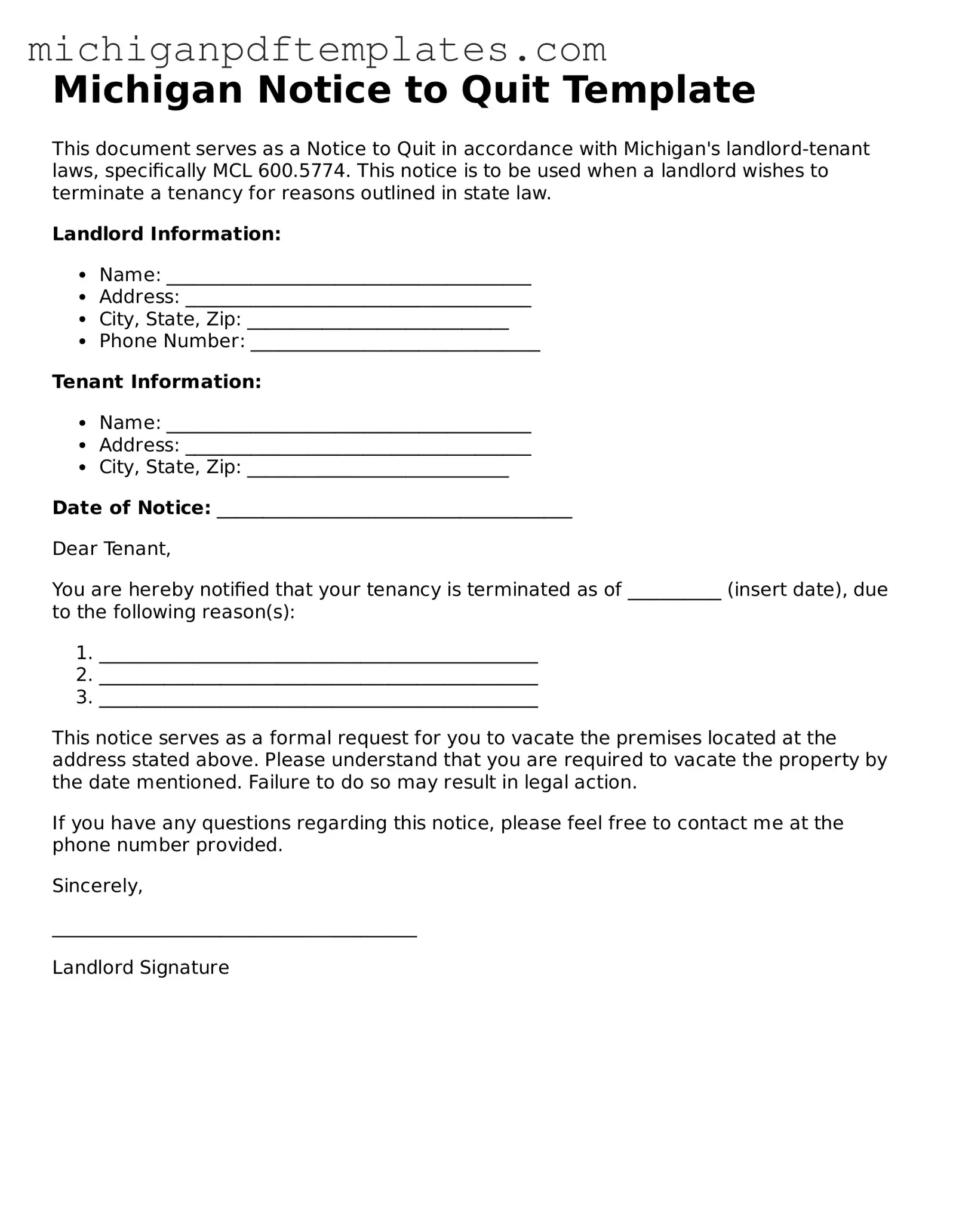 Legal Michigan Notice to Quit Template