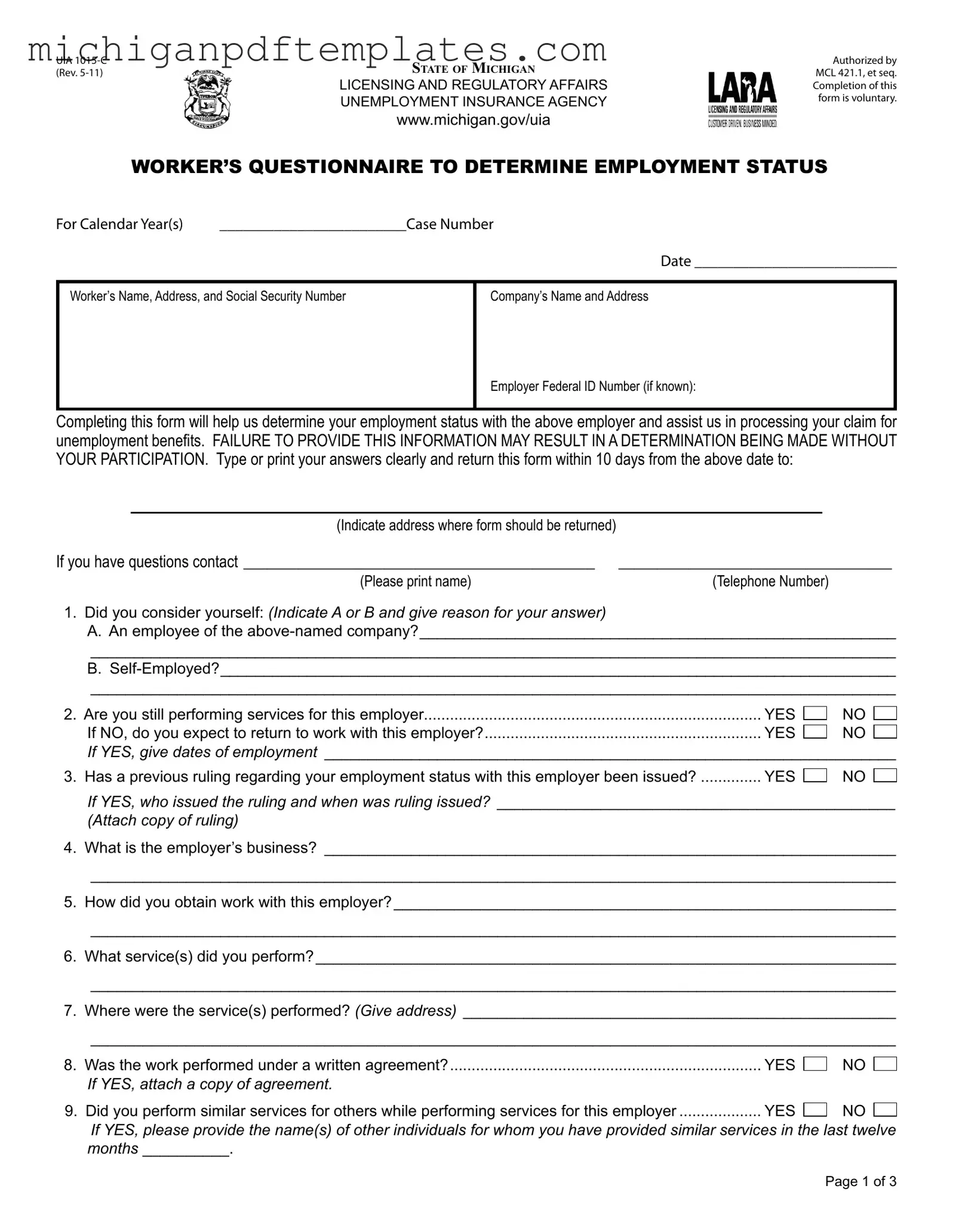 Fill in Your Michigan Uia 1015 C Form
