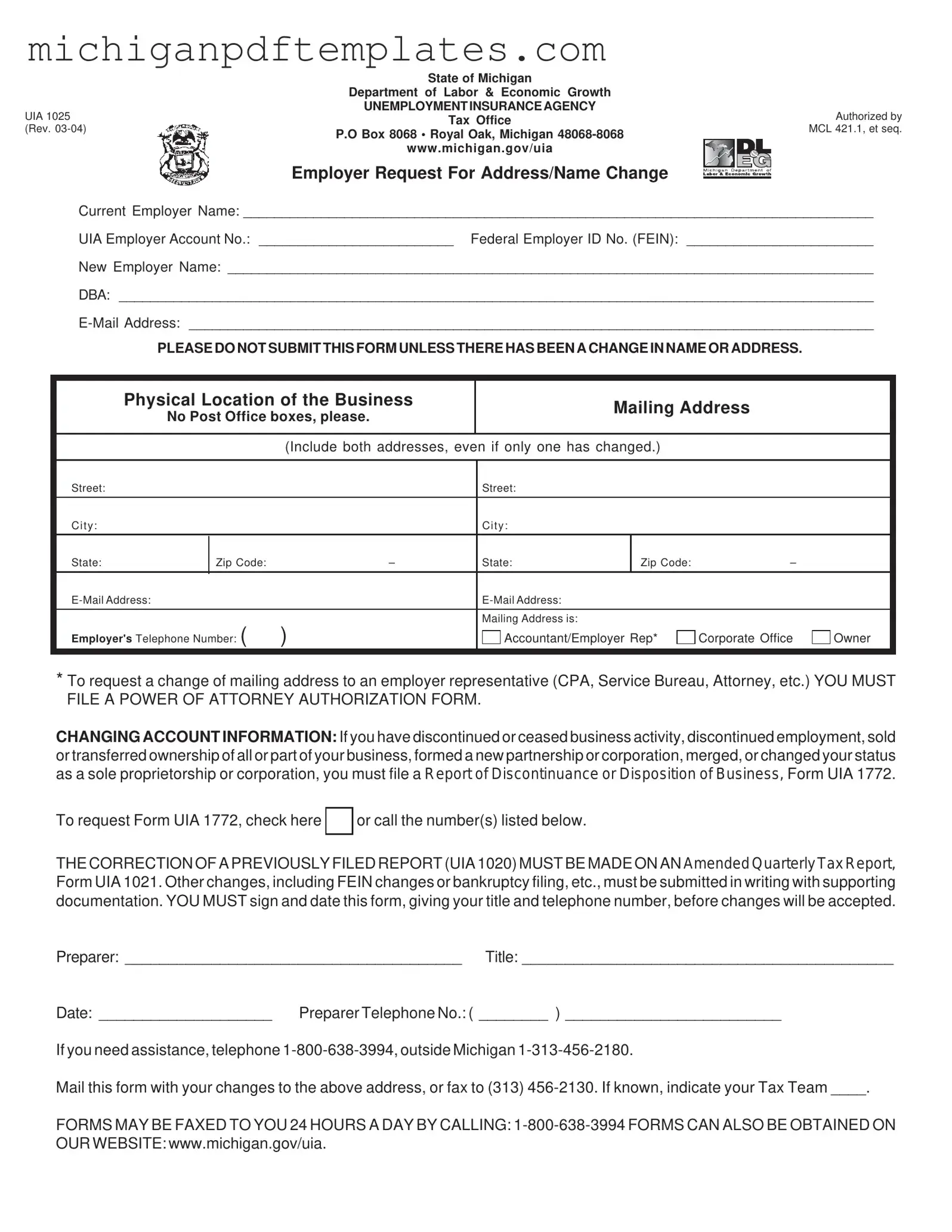 Fill in Your Michigan Uia 1025 Form