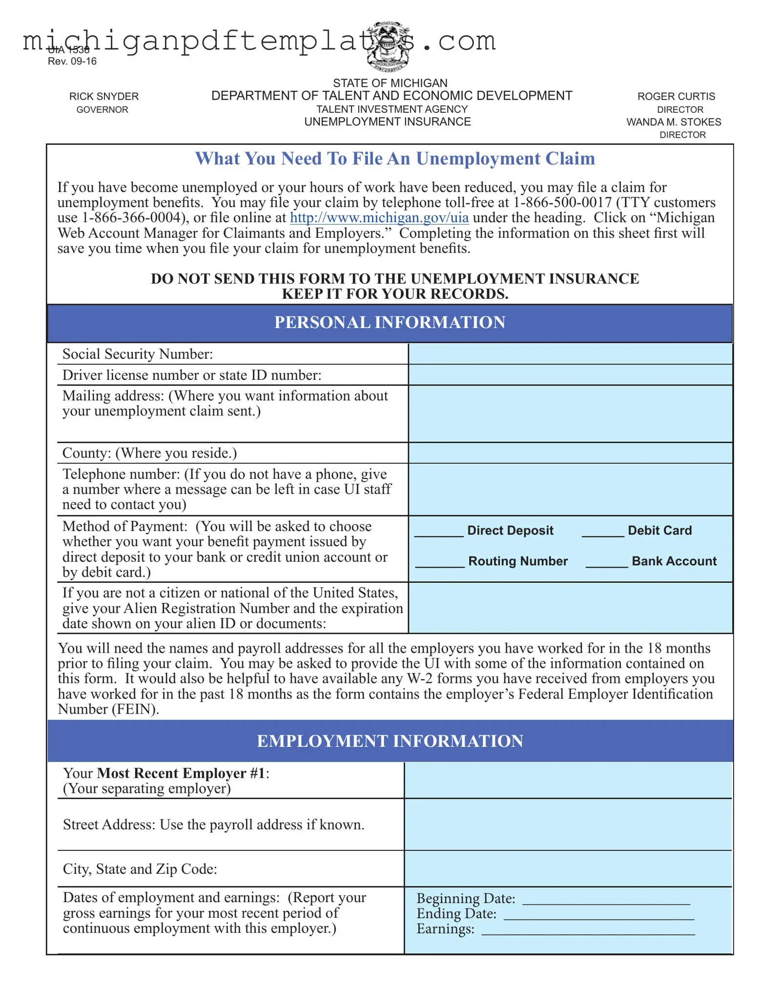 Fill in Your Michigan Uia 1538 Form