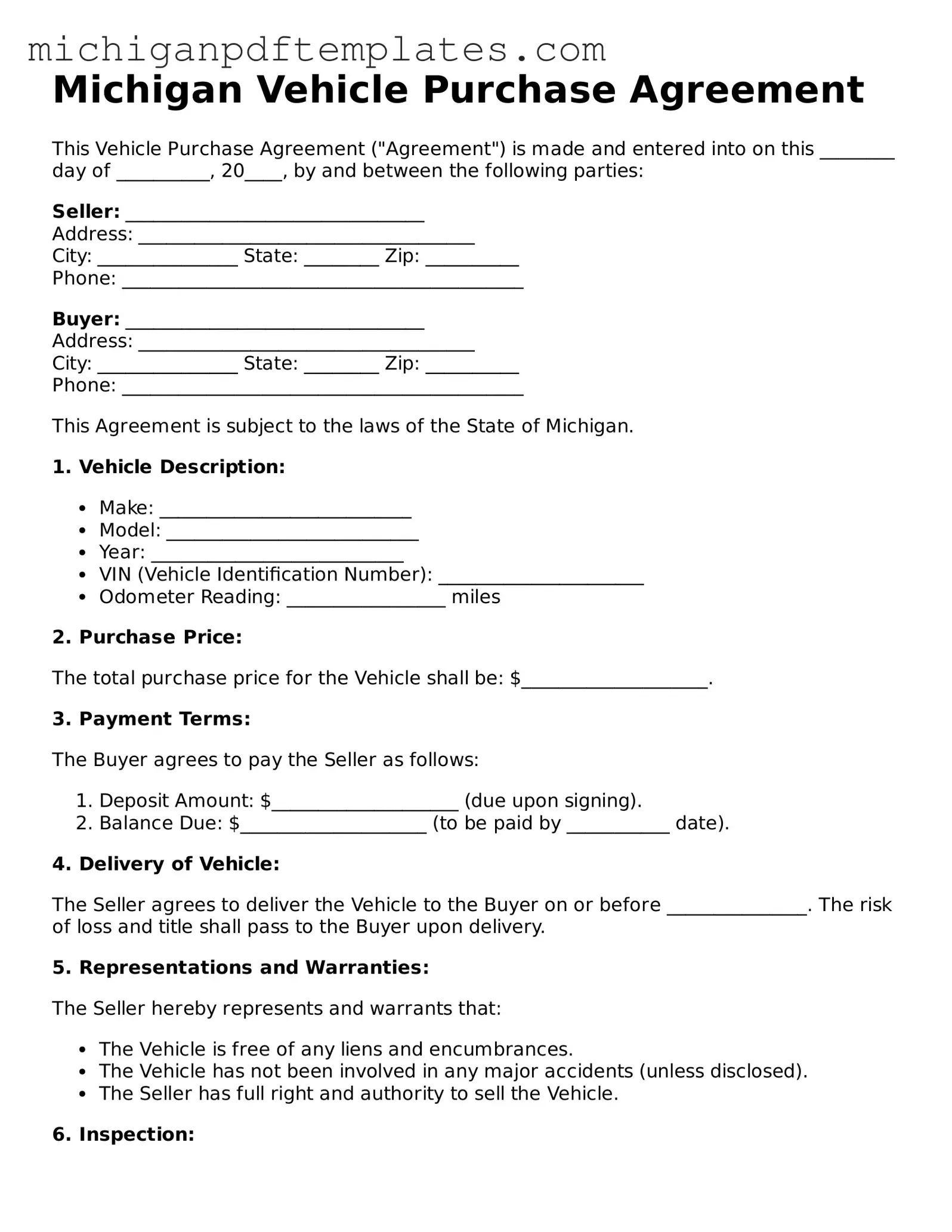 Legal Michigan Vehicle Purchase Agreement Template