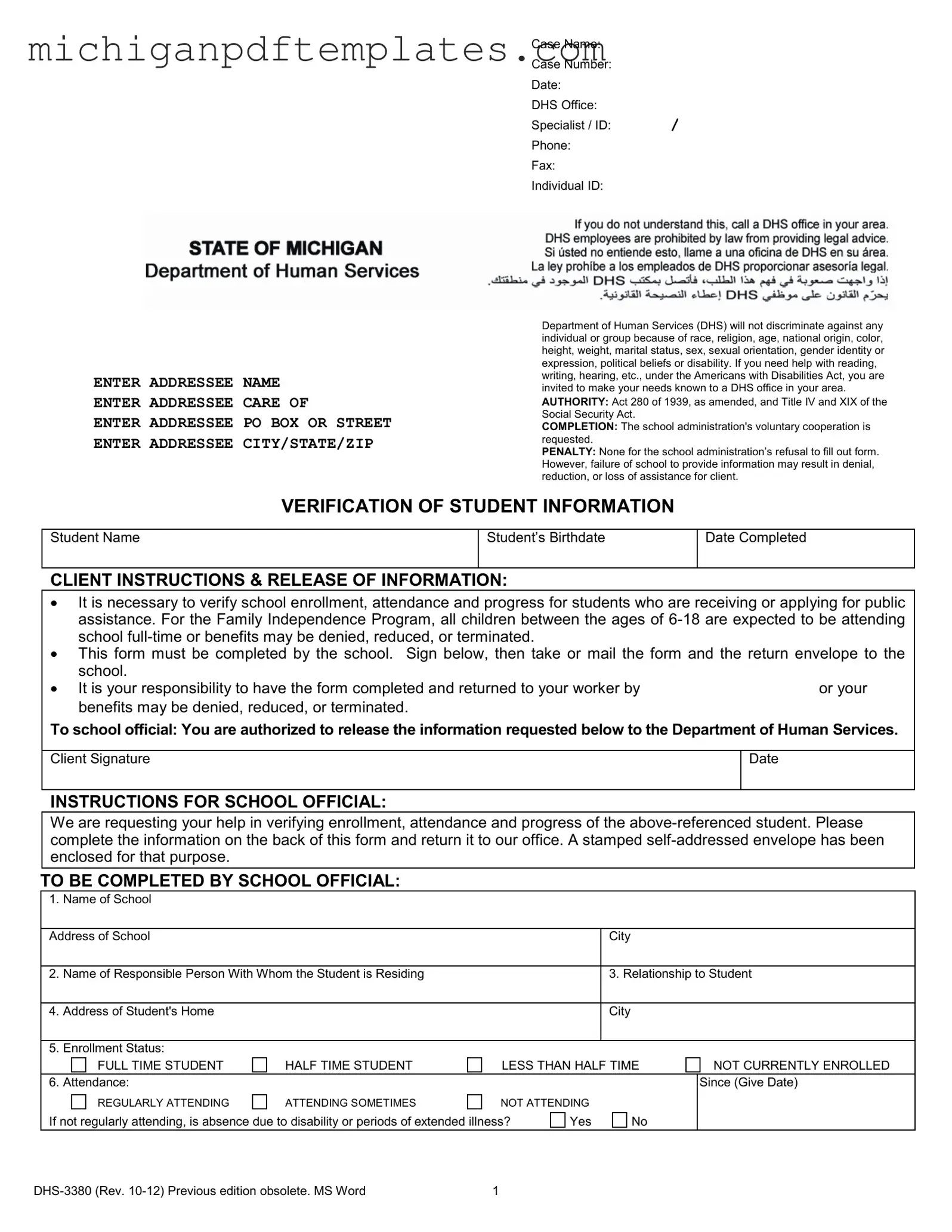 Fill in Your Michigan Verification Student Form