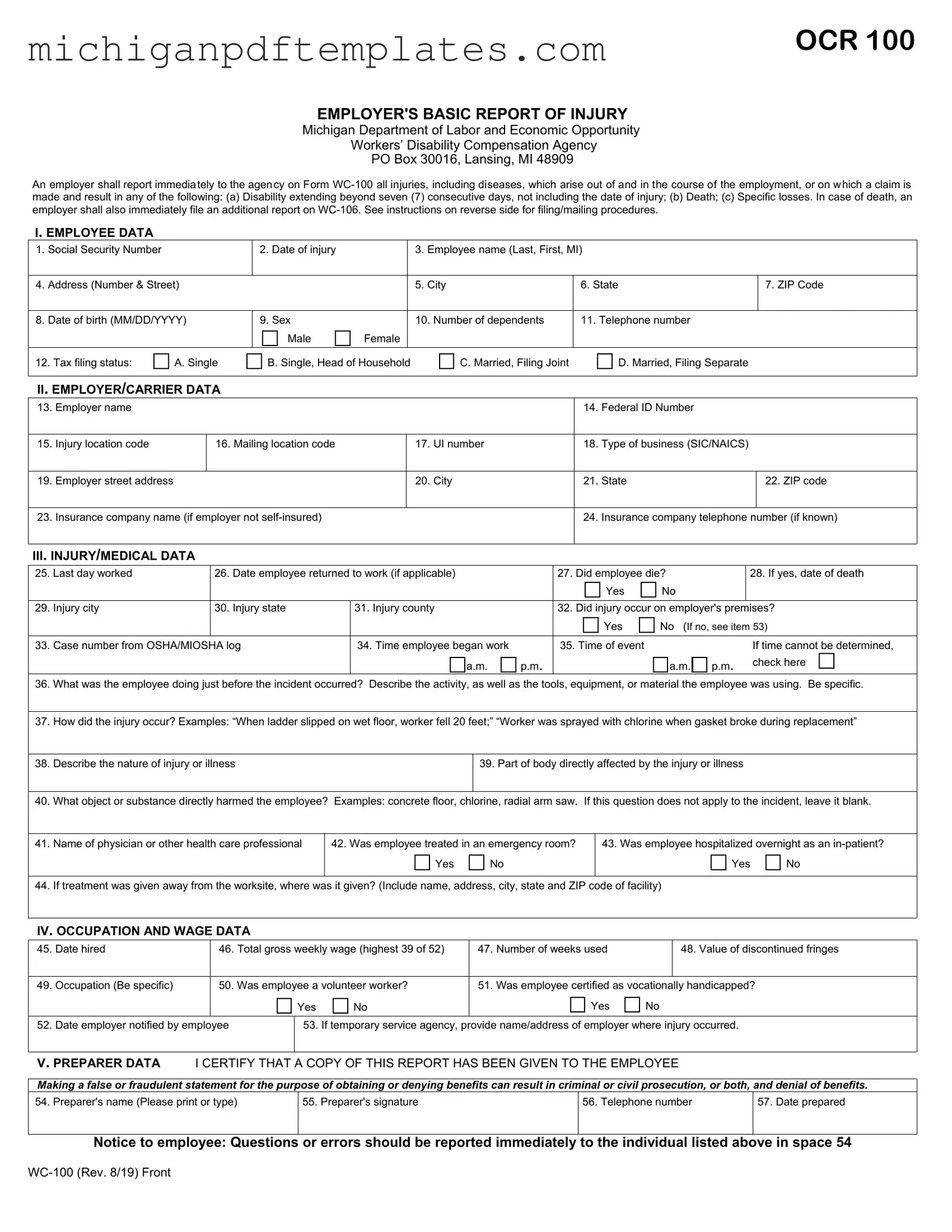 Fill in Your Michigan Wc 100 Form