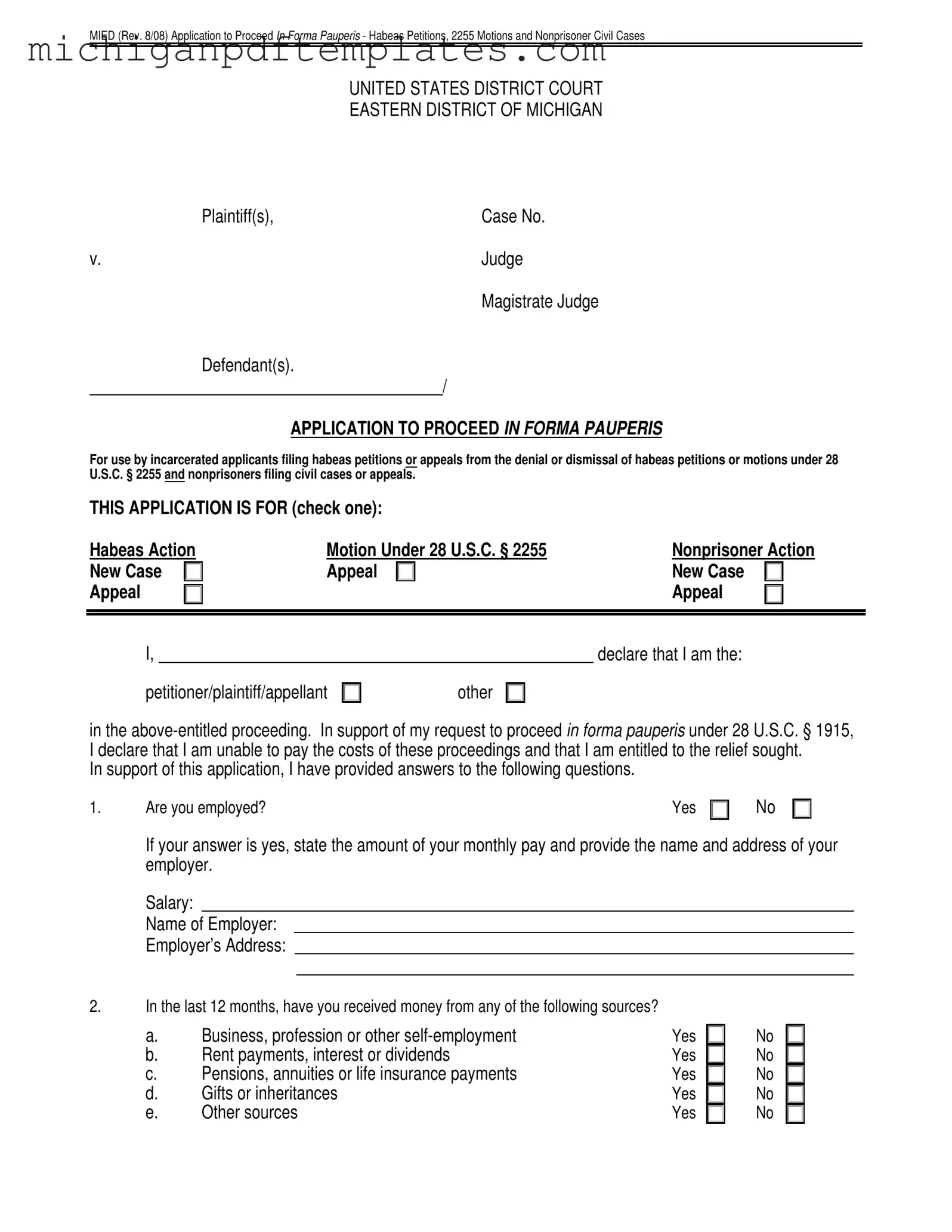 Fill in Your Motion Onforma Paupris Michigan Form
