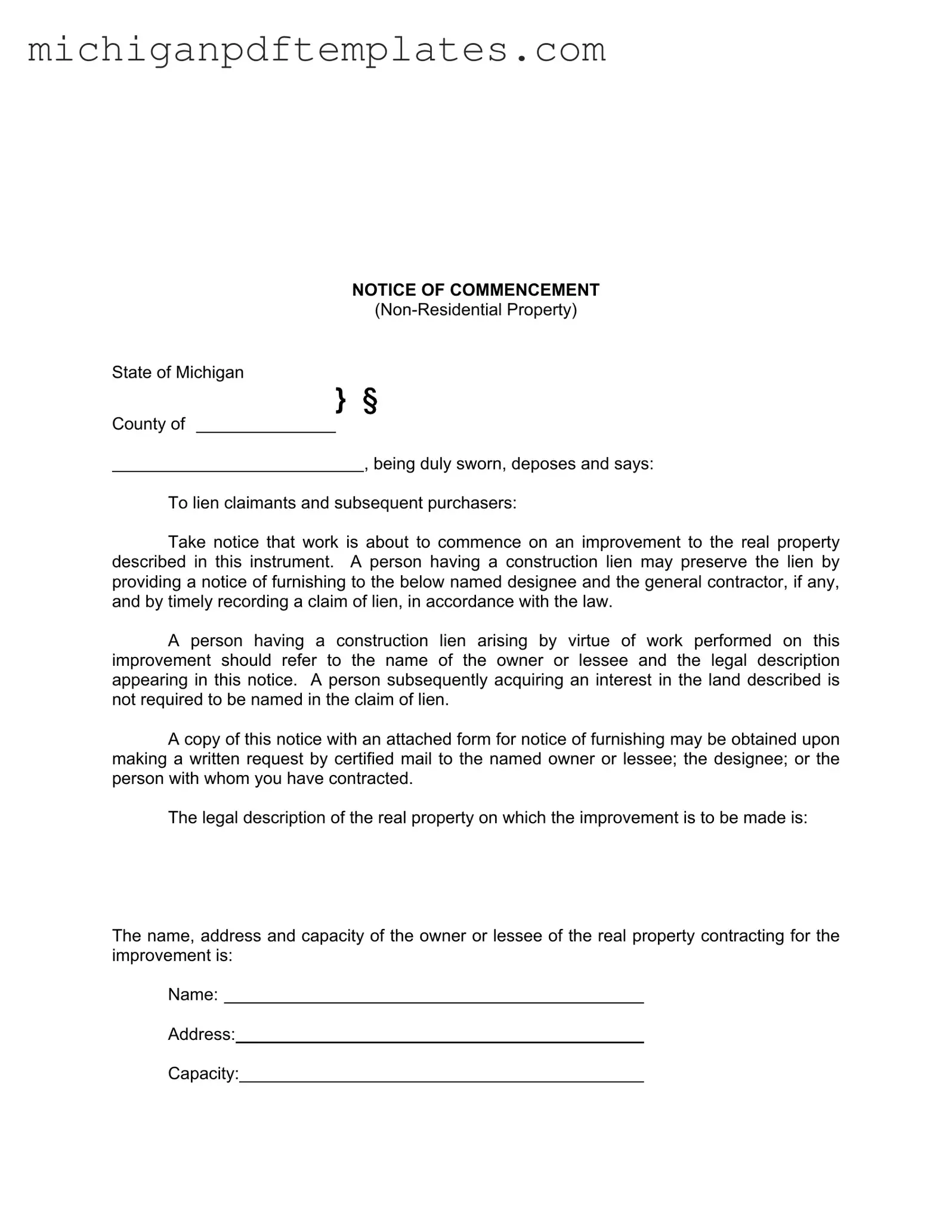 Fill in Your Notice Commencement Michigan Form