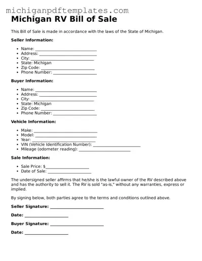 Legal Michigan RV Bill of Sale Template