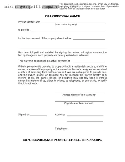 Fill in Your Michigan Full Conditional Waiver Form