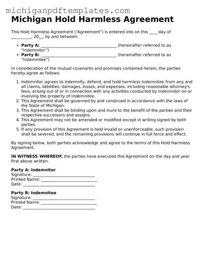 Legal Michigan Hold Harmless Agreement Template