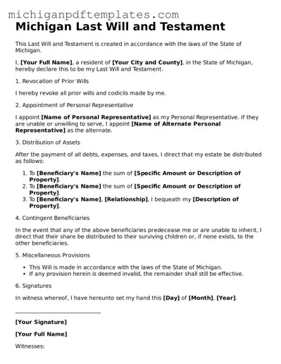 Legal Michigan Last Will and Testament Template