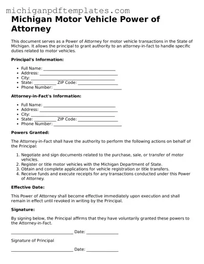 Legal Michigan Motor Vehicle Power of Attorney Template