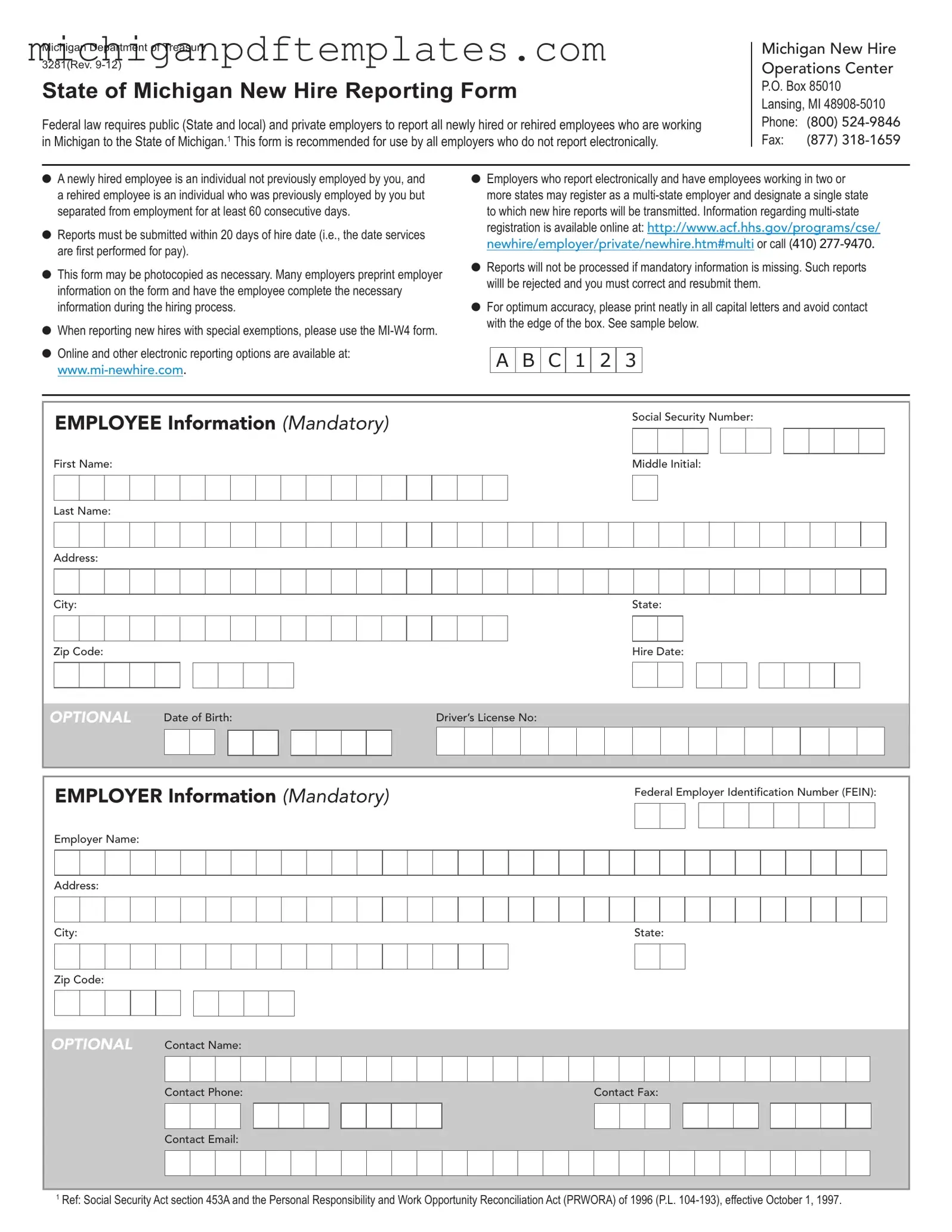 Fill in Your State Of Michigan New Hire Reporting Form