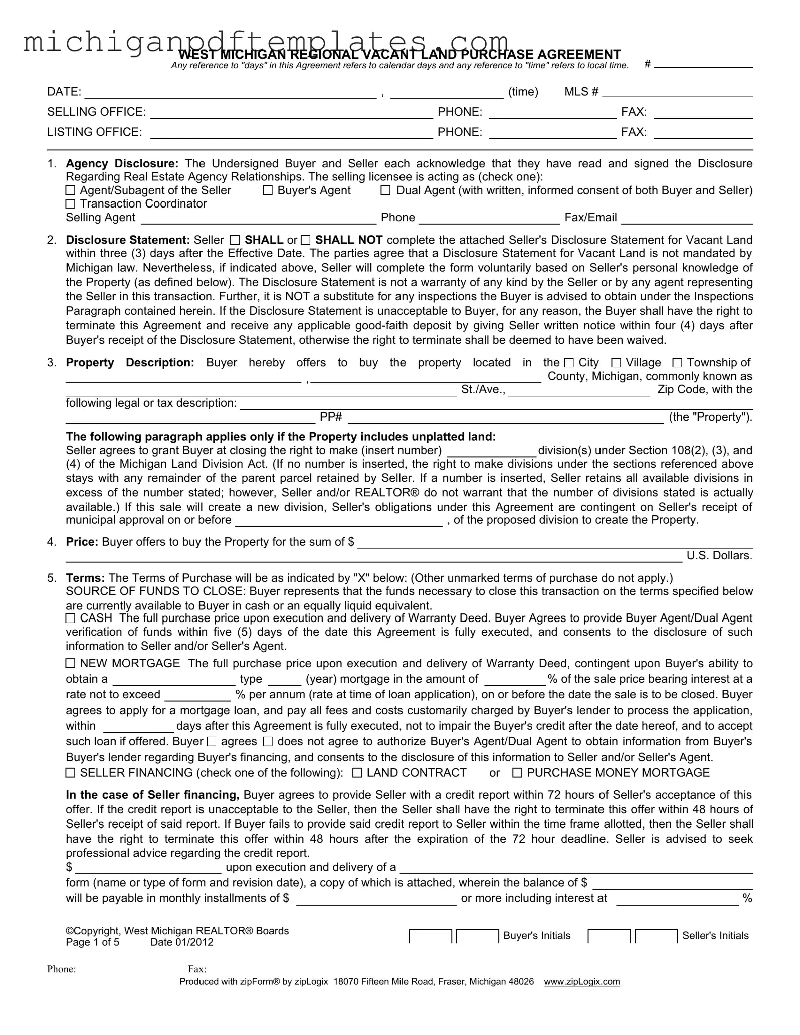 Fill in Your West Michigan Vacant Land Agreement Form